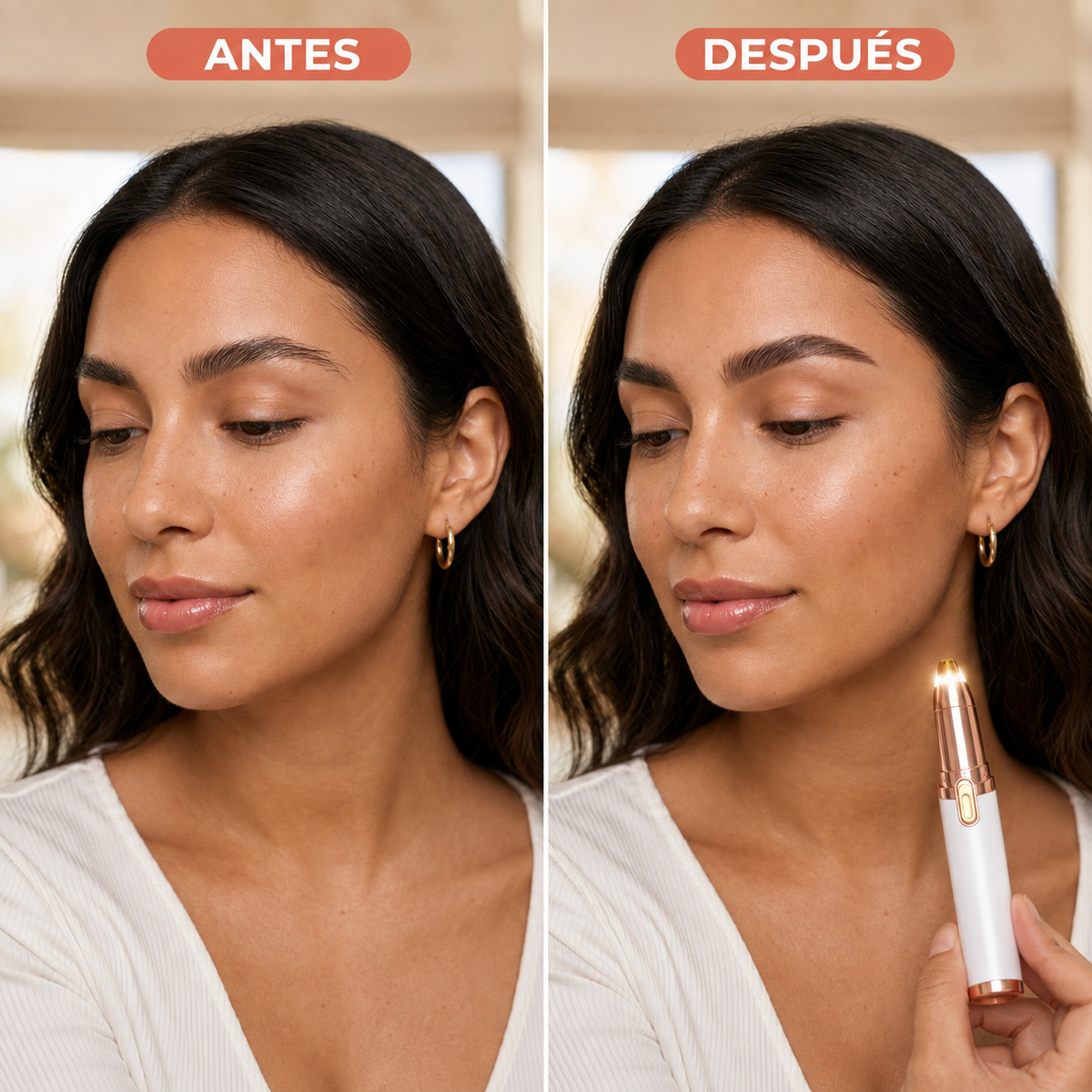 Comparación ilustrativa antes y después de perfilar las cejas con el depilador