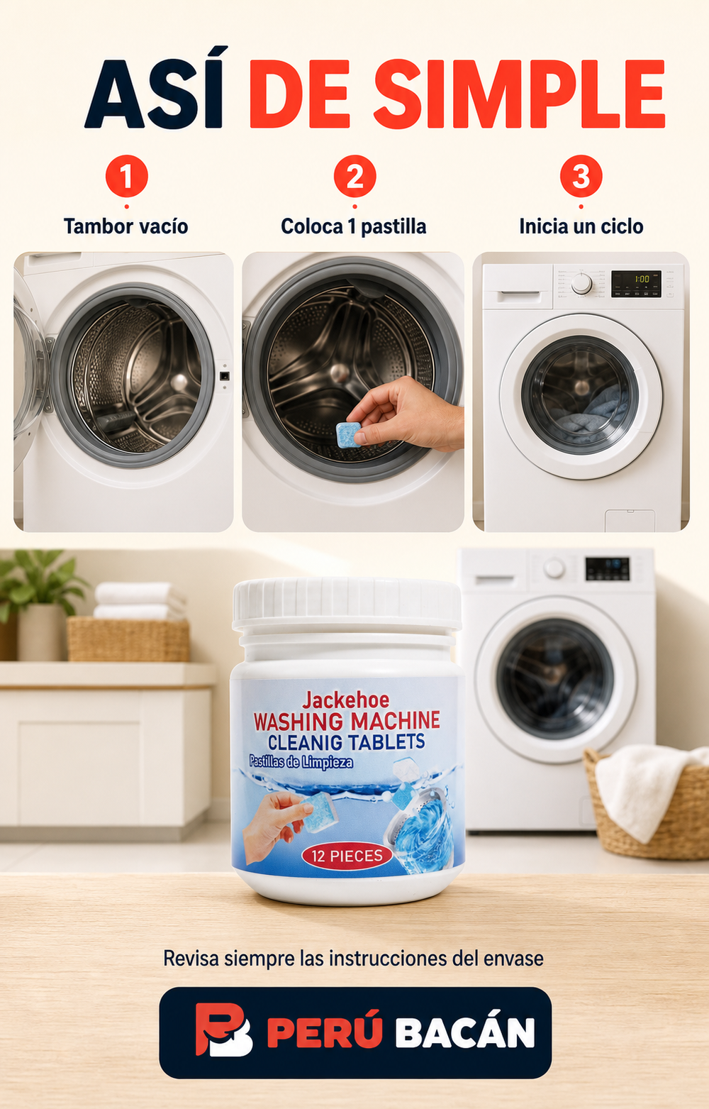 Cómo usar las pastillas limpia lavadora en tres pasos